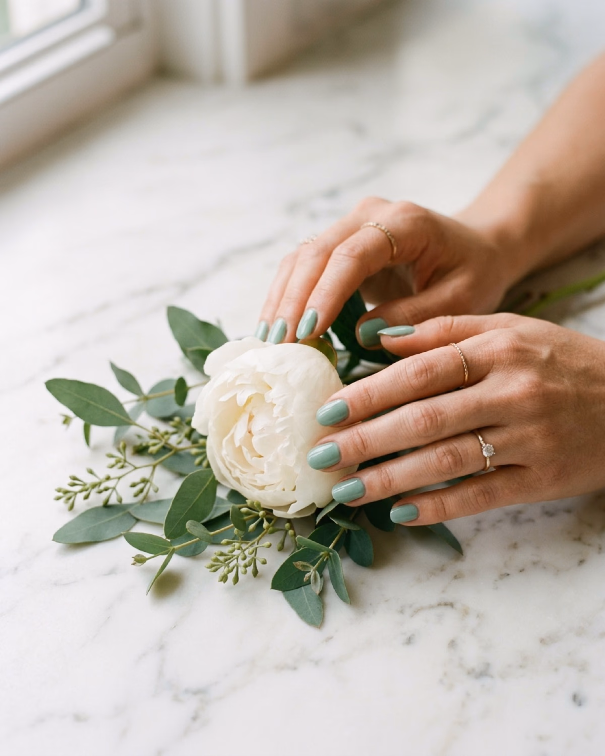 Gepflegte Hände mit Shellac in Pastell-Sage und Eukalyptus