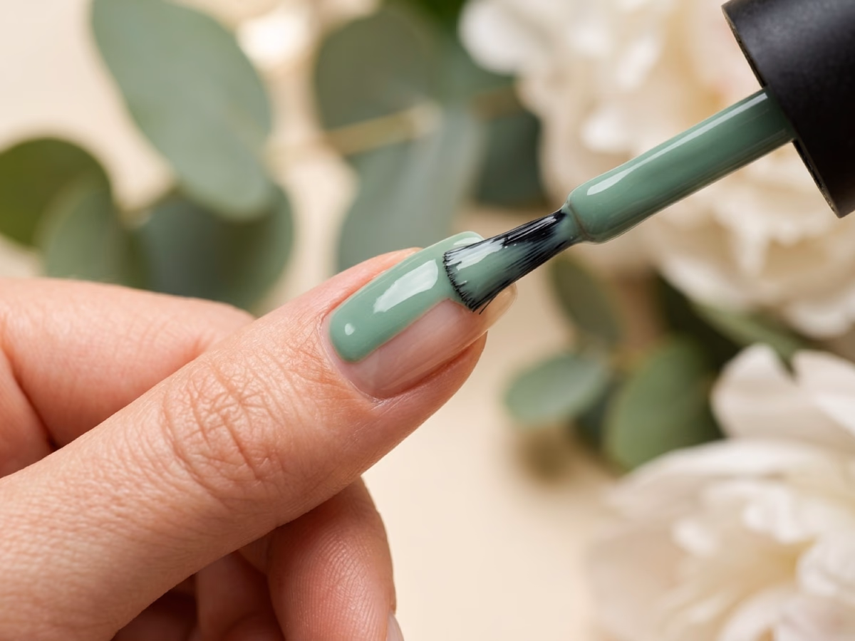 Pinsel mit Sage-Gellack über Nagel – Detail